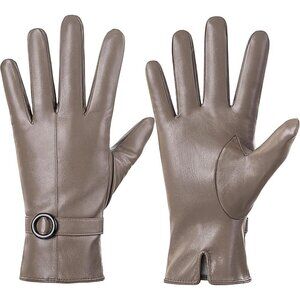 Women's Beige Leather Gloves Touchscreen Texting Warm Driving Lambskin Gloves